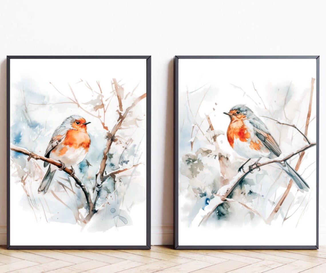 Set of 2 Watercolor Robin Birds Snowy Branch Winter Bird Art Poster