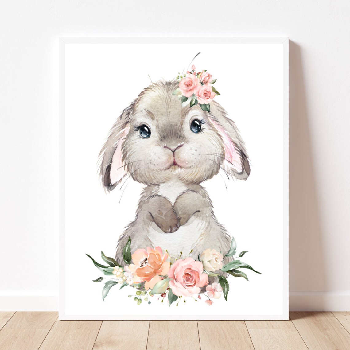 Baby Bunny Watercolor Nursery Print Art With Pink Flower Crown