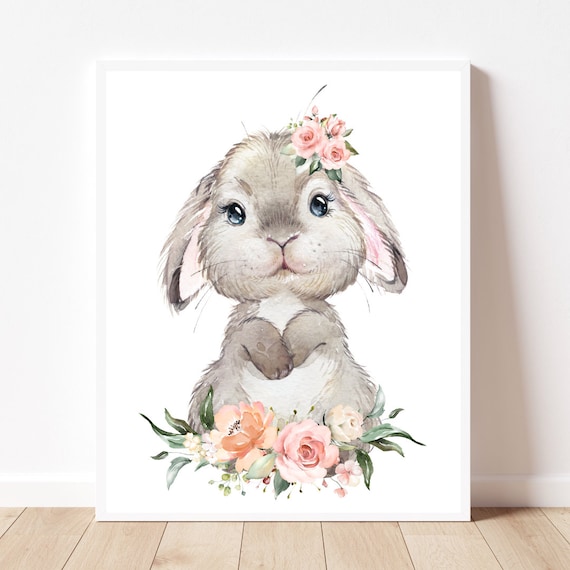 Baby Bunny Watercolor Nursery Print Art With Pink Flower Crown