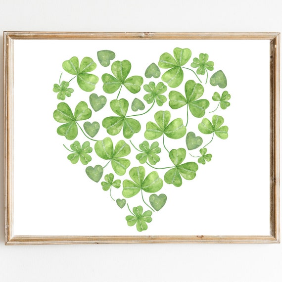 Shamrock Heart Print St Patrick Day Print Irish Irish Home Decor Farmhouse St Patrick Wall Art Watercolor Clover Print