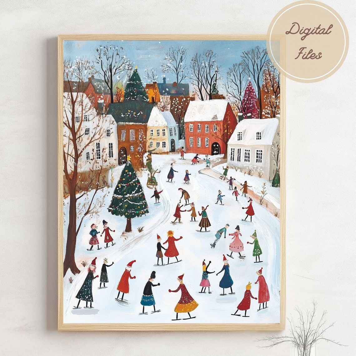 Village Ice Skaters In A Snowy Town Square Joyful Winter Poster - Image 3