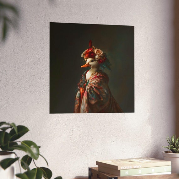 Maximalist Eclectic Fashionista Duck Poster Print Bold Altered Animal Portrait Fantasy Fun Colorful Flowery Rustic Vintage Floral Art