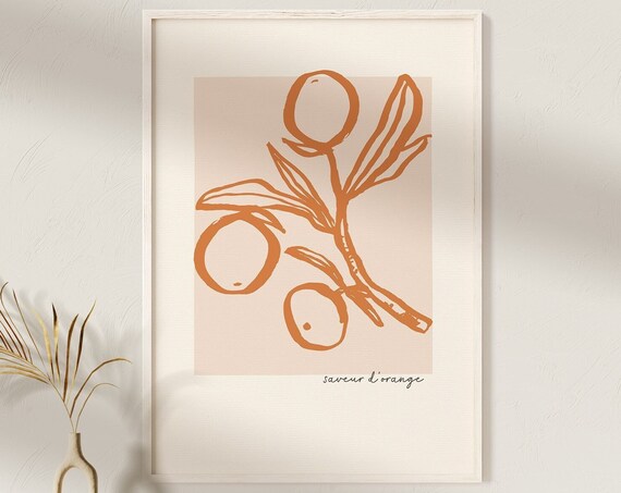 Orange Branch Line Drawing Saveur d'Orange Warm Fruit Art Poster