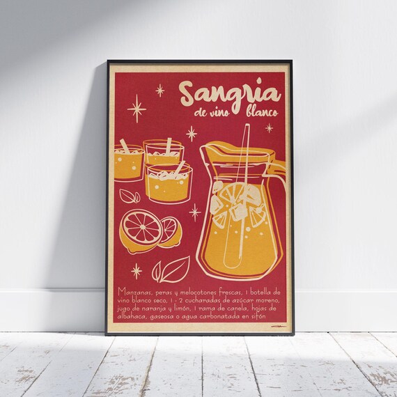 Sangria de Vino Blanco Spanish Recipe Cocktail Bar Art Poster