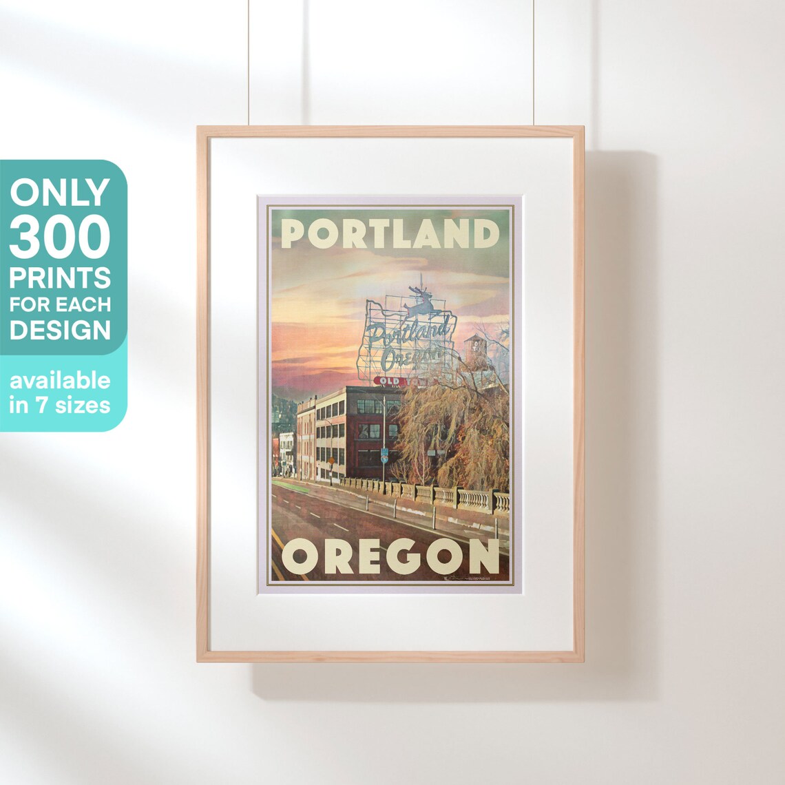 Portland Oregon White Stag Sign Sunset Retro Cityscape Travel Poster - Image 3