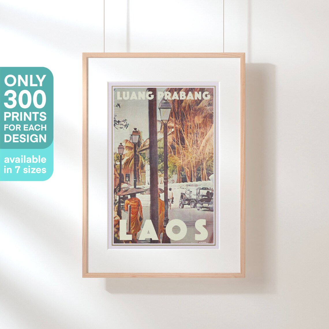 Luang Prabang Monks Street Lamp Lit Vintage Laos Travel Poster - Image 3