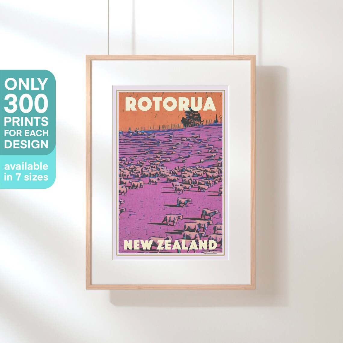 Rotorua New Zealand Retro Travel Poster Sheep Pasture Sunset Art - Image 3