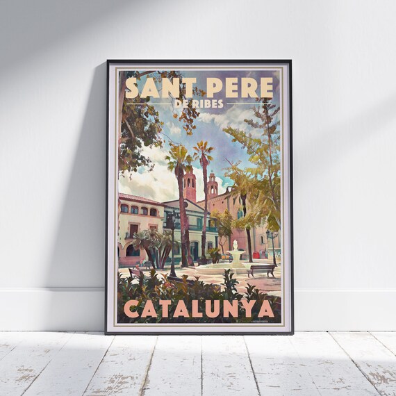Sant Pere De Ribes Catalunya Town Square Palm Trees Retro Travel Poster