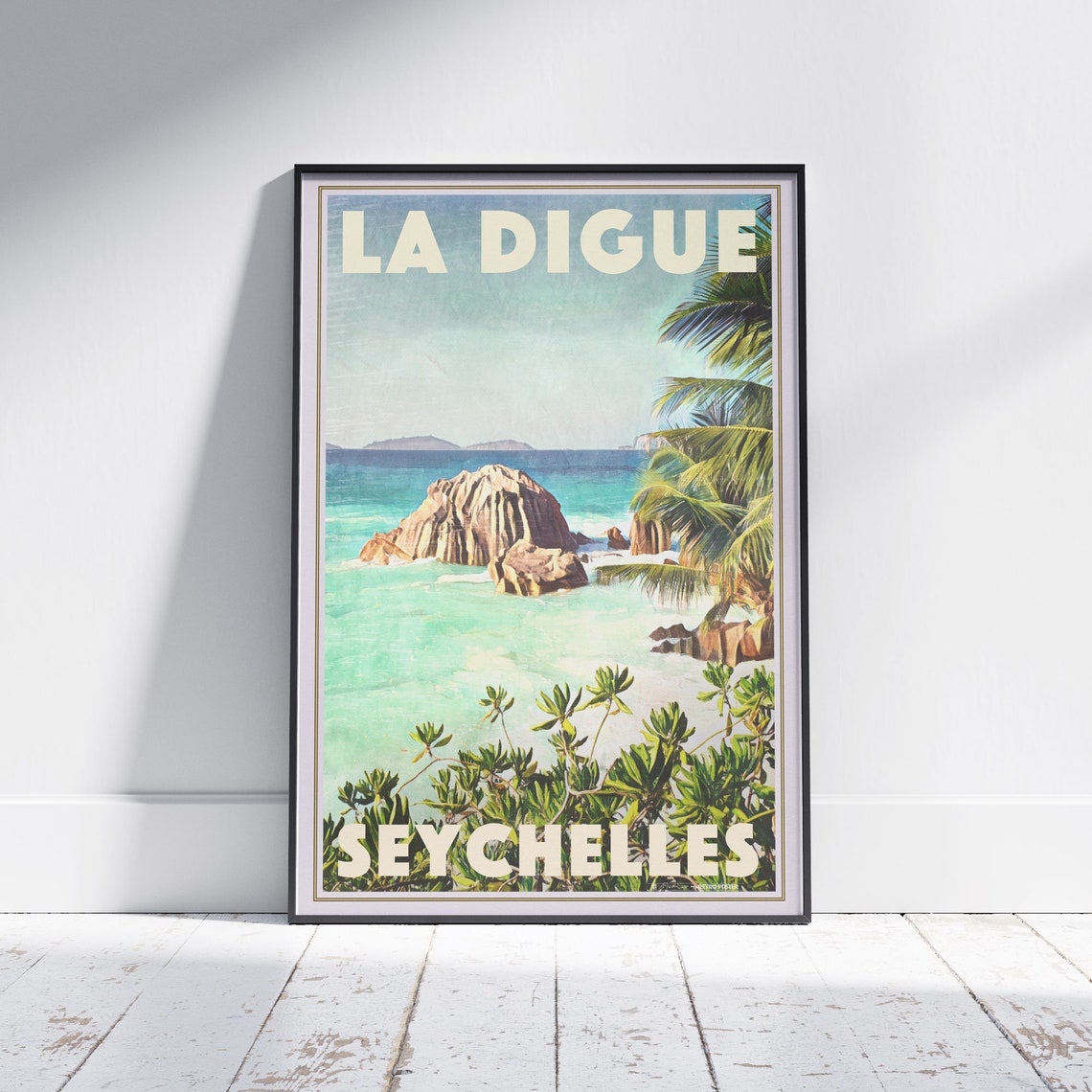 La Digue Seychelles Vintage Travel Poster With Granite Boulder Beach