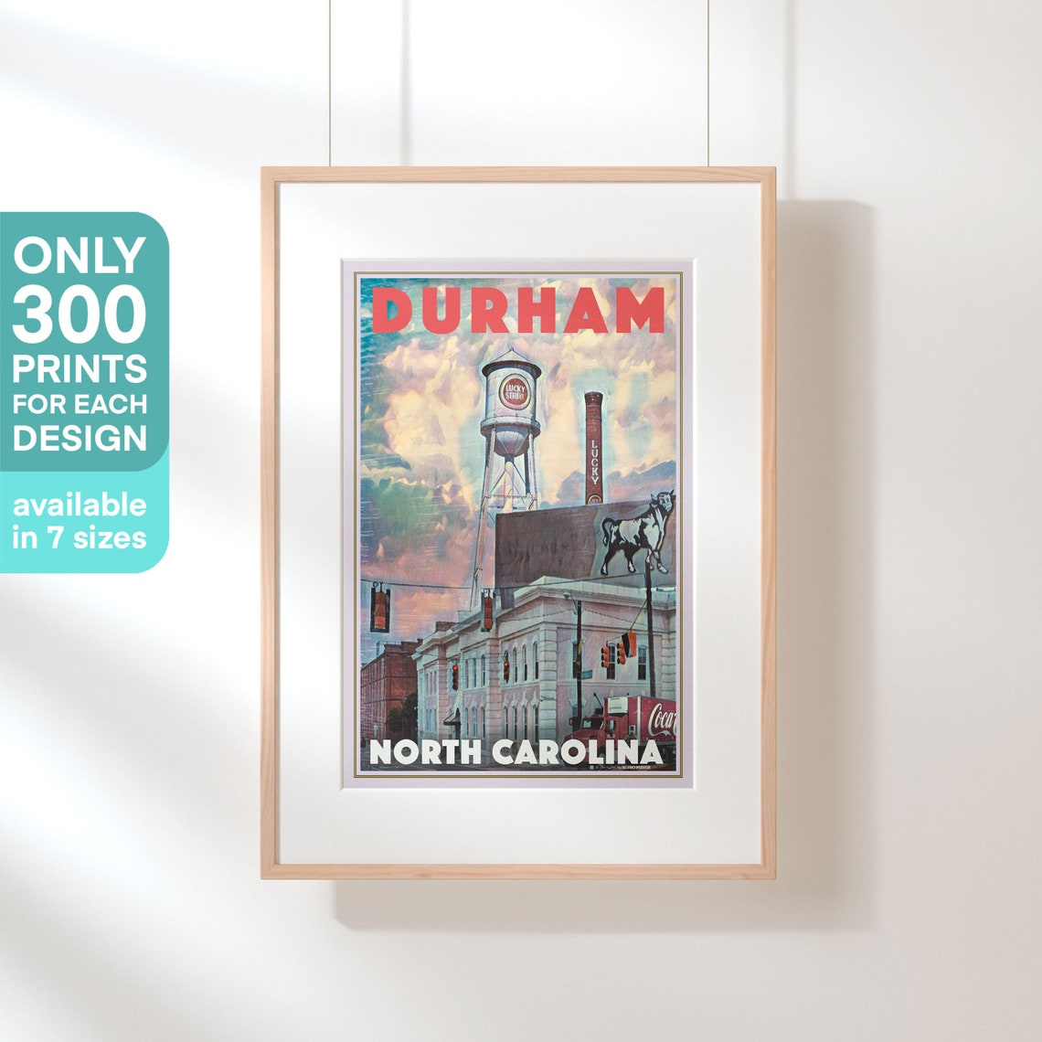 Durham North Carolina Lucky Strike Tower Bull Retro Travel Poster - Image 3