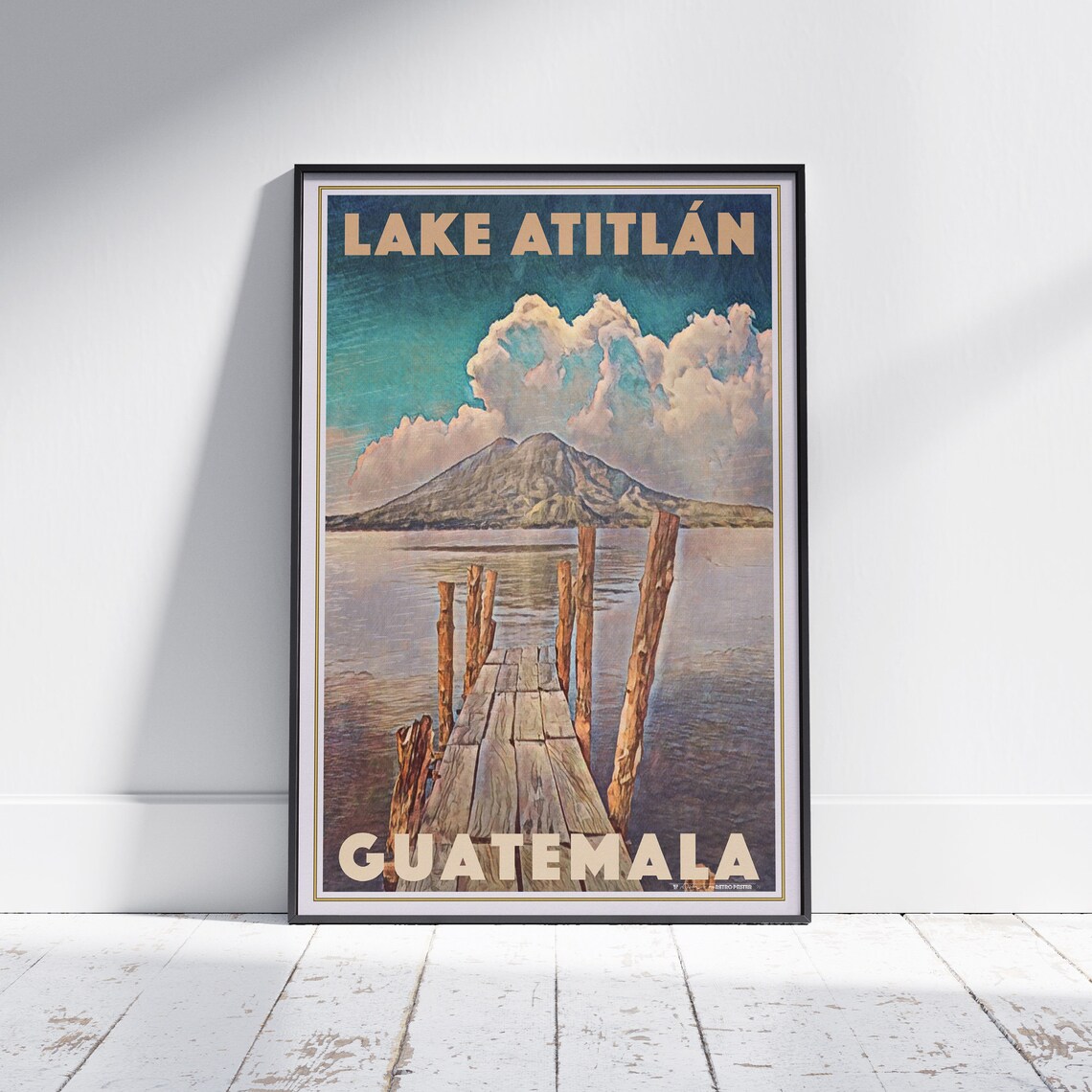 Lake Atitlan Guatemala Retro Travel Poster Volcano Pier Lake View