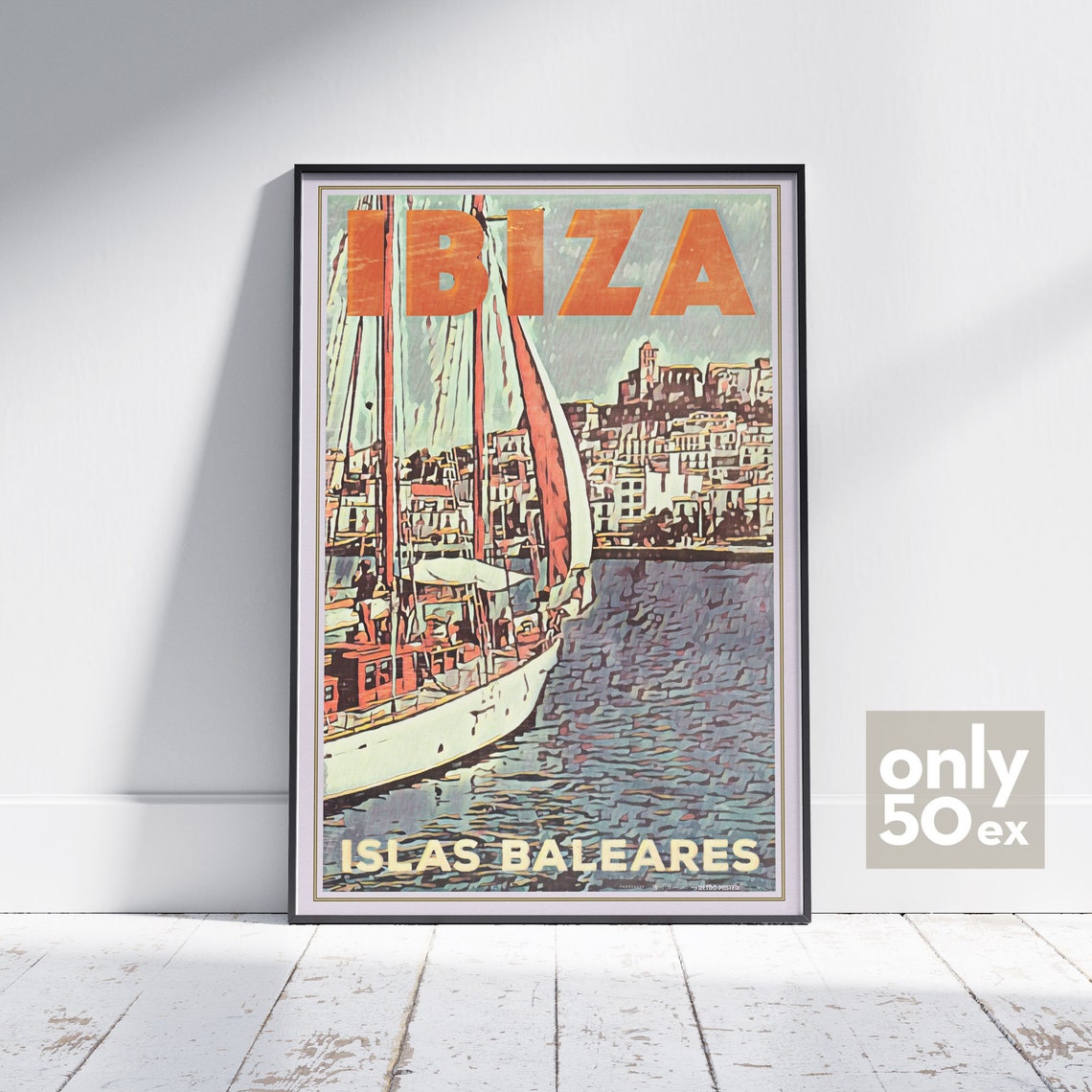 Ibiza Spain Vintage Travel Poster Baleares Sailboat Harbor Art