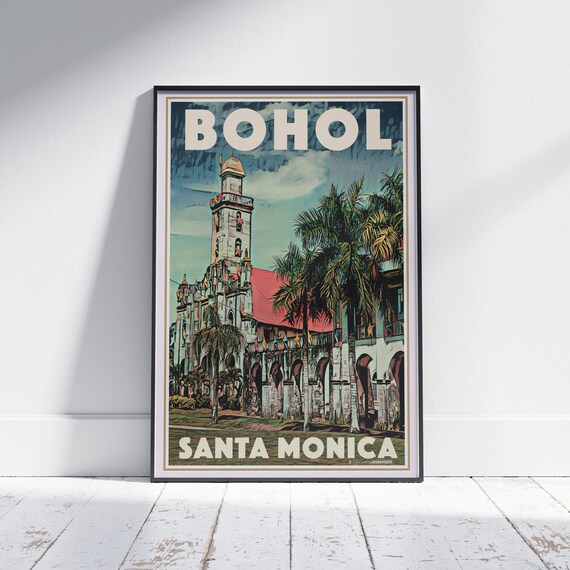 Bohol Philippines Santa Monica Church Palm Trees Retro Vintage Travel Poster