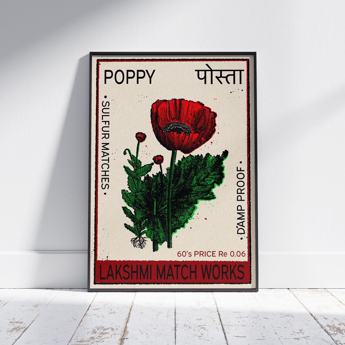 Red Poppy Flower Bloom Vintage Indian Matchbox Label Art Poster