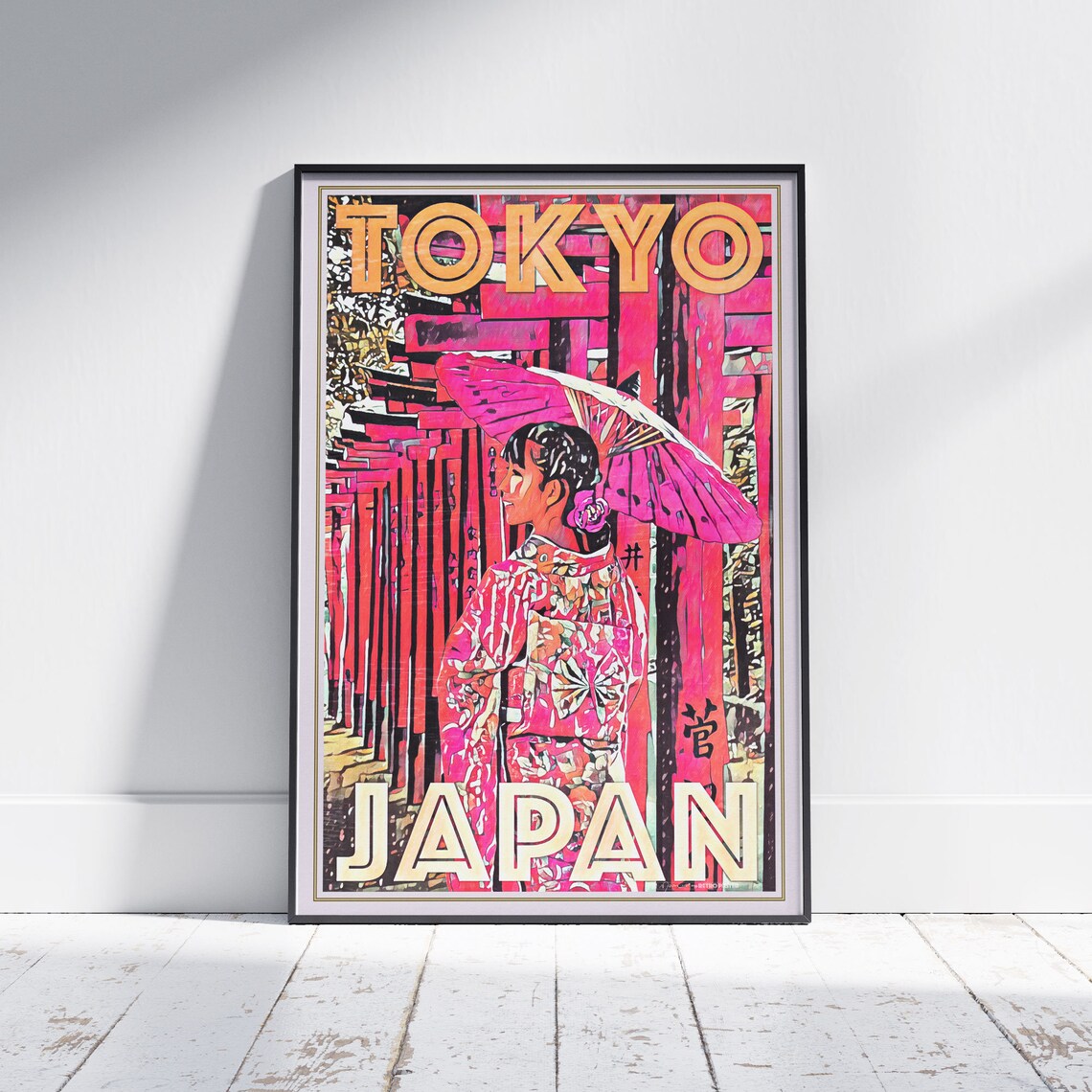 Tokyo Japan Vintage Travel Poster Kimono Girl Red Torii Gates Art