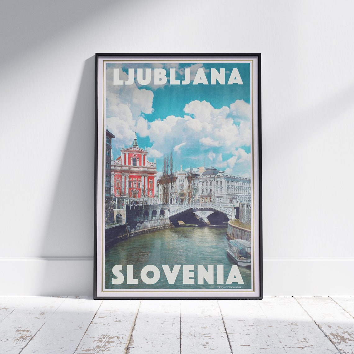 Ljubljana Slovenia Riverside Old Town Bridge Retro Travel Poster
