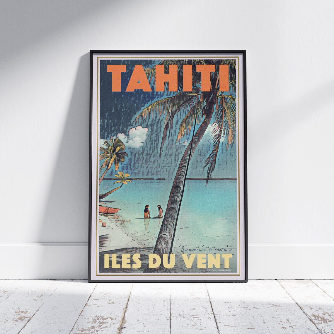 Tahiti Iles du Vent Tropical Lagoon Palm Beach Vintage Travel Poster