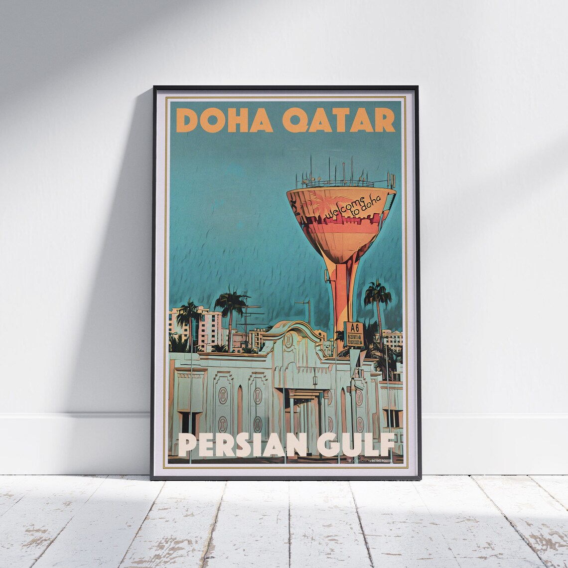 Doha Qatar Welcome Water Tower Persian Gulf Vintage Travel Poster