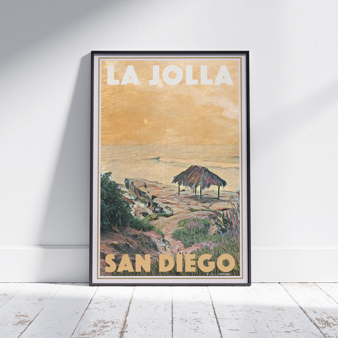 La Jolla Thatched Surf Shack Beach San Diego Vintage Travel Poster