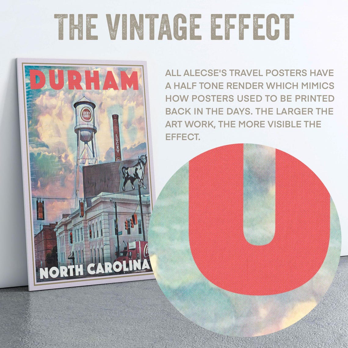 Durham North Carolina Lucky Strike Tower Bull Retro Travel Poster - Image 2