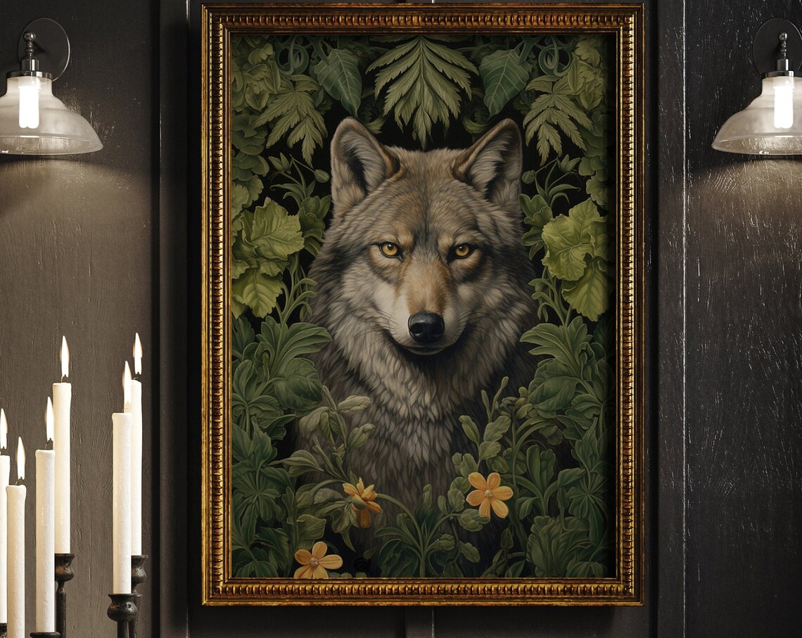 William Morris Inspired Wolf Art Print, Nature Style