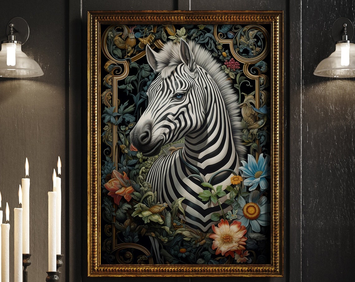 Zebra Portrait in Ornate Gold Frame with Dark Botanical Art Print