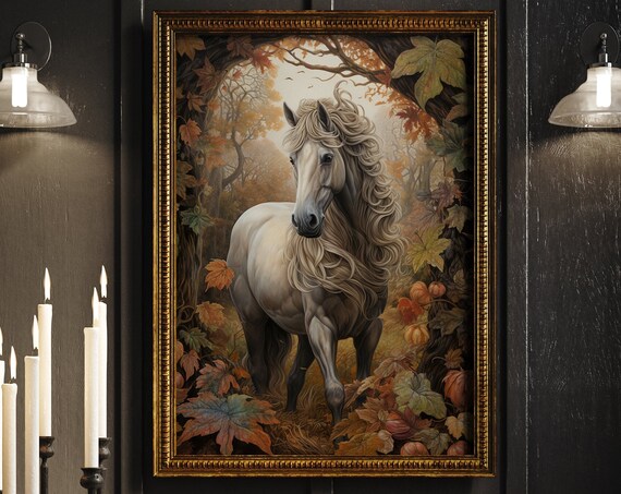 White Horse With Flowing Mane in Golden Autumn Forest Poster