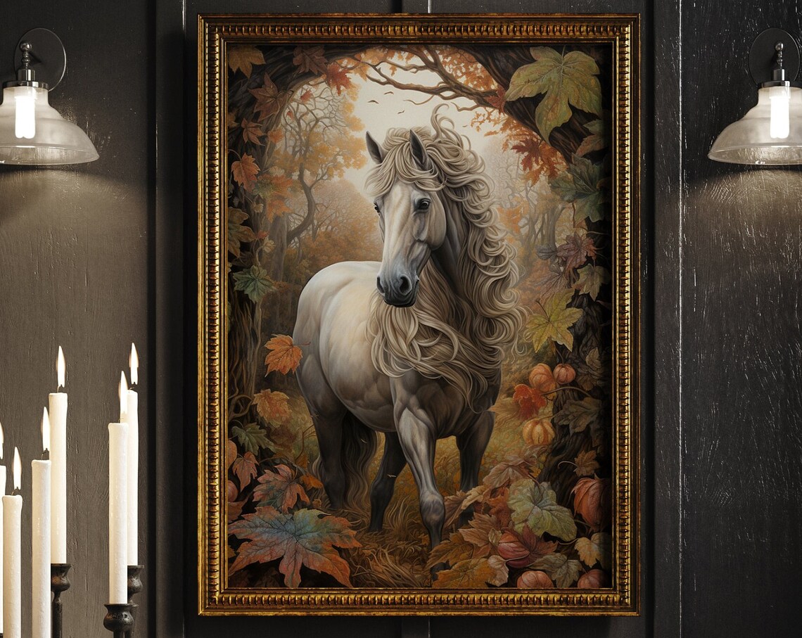 White Horse With Flowing Mane in Golden Autumn Forest Poster