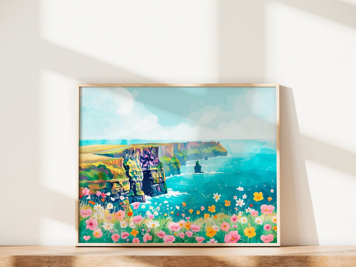 Cliffs of Moher Ireland Wildflower Meadow Coastal Watercolor Poster - Image 2