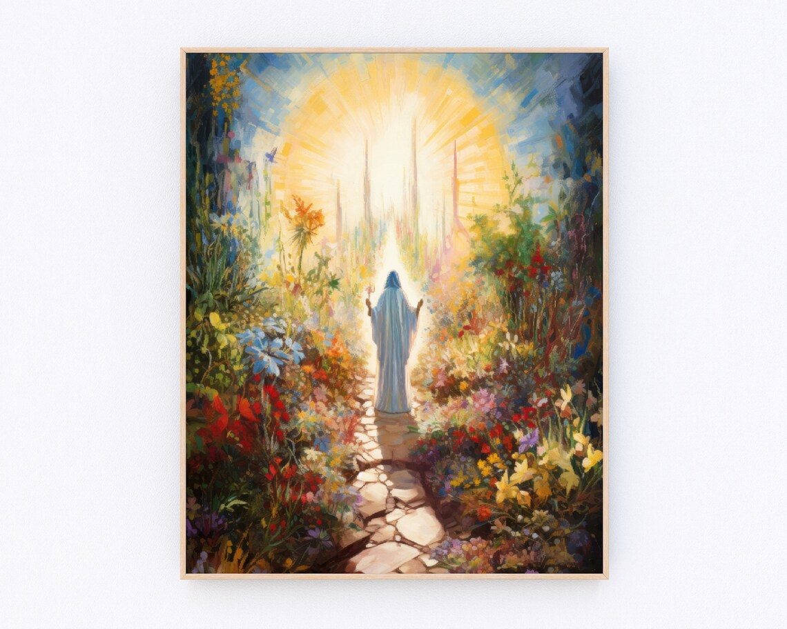 Mary Walking Toward Radiant Heavenly Light Garden Path Prayer Poster