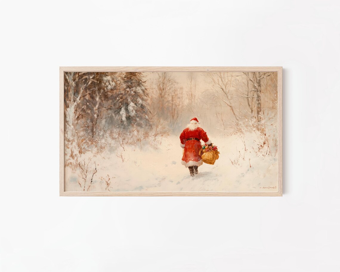 Santa Claus Walking Snowy Forest Vintage Christmas Art Poster