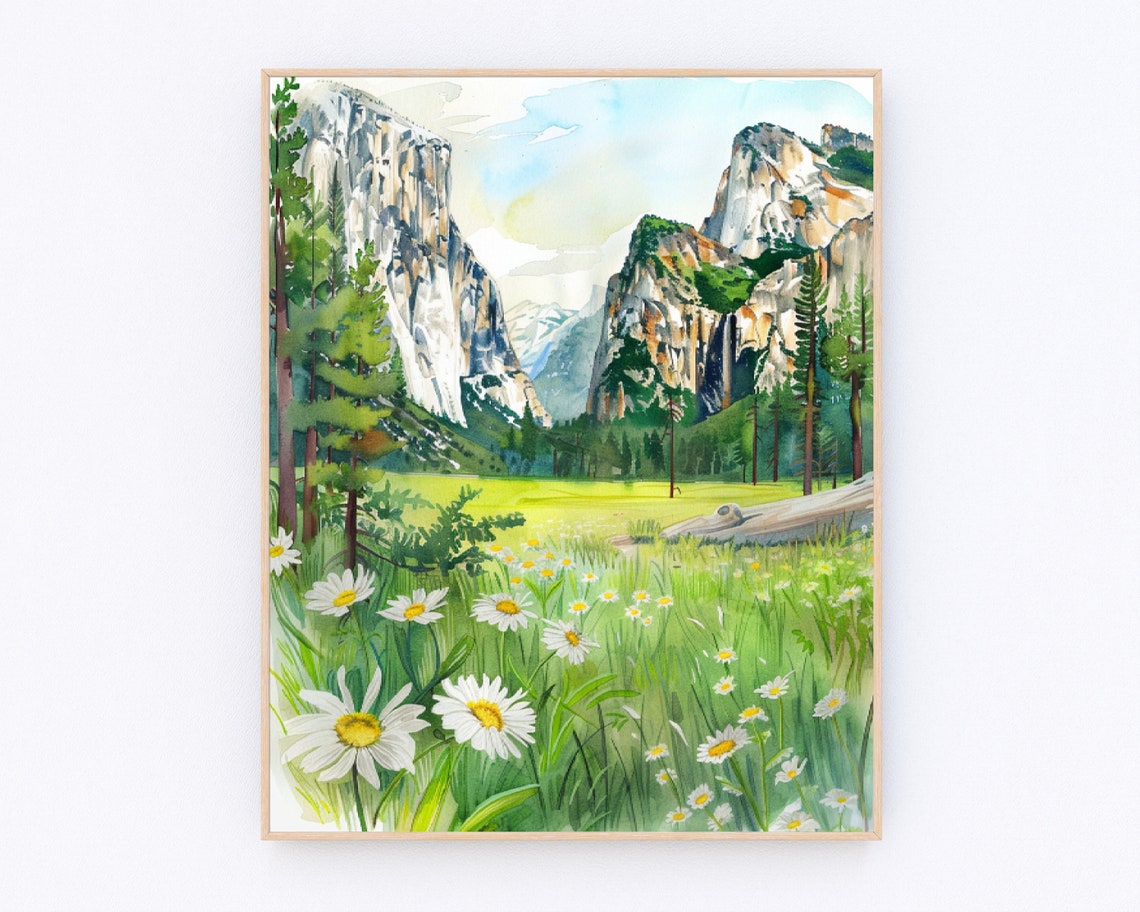 Yosemite Valley Watercolor with El Capitan and Daisy Meadow Poster