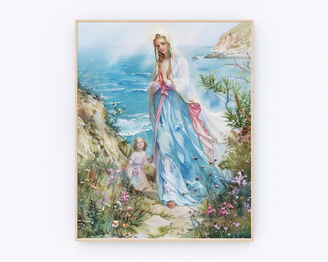 Mother Mary And Jesus Walking In Beach Poster Blessed Virgin Mary Painting Jesus Portrait Christian Prayer Wall Art Catholic Gifts P453