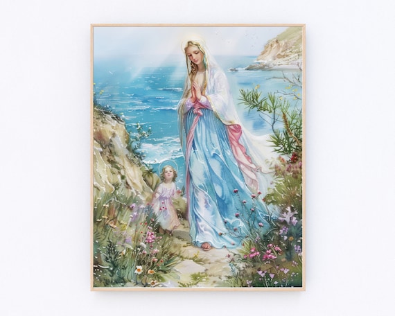 Blessed Virgin Mary Praying on Cliffside with Child Jesus Poster