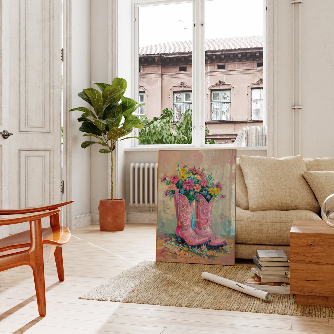 Pink Cowgirl Boots, Pastel Western Floral Art Print - Image 2