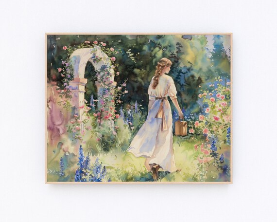 Woman with Basket Walking Away Through Rose Garden Archway Poster