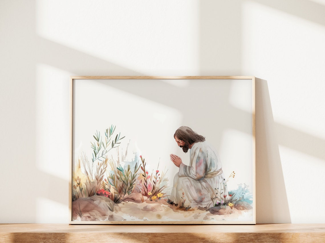 Jesus Prays In The Garden Painting Jesus Painting Jesus Disciples Poster Bible Art Christian Prayer Wall Art Catholic Gifts P436 - Image 2