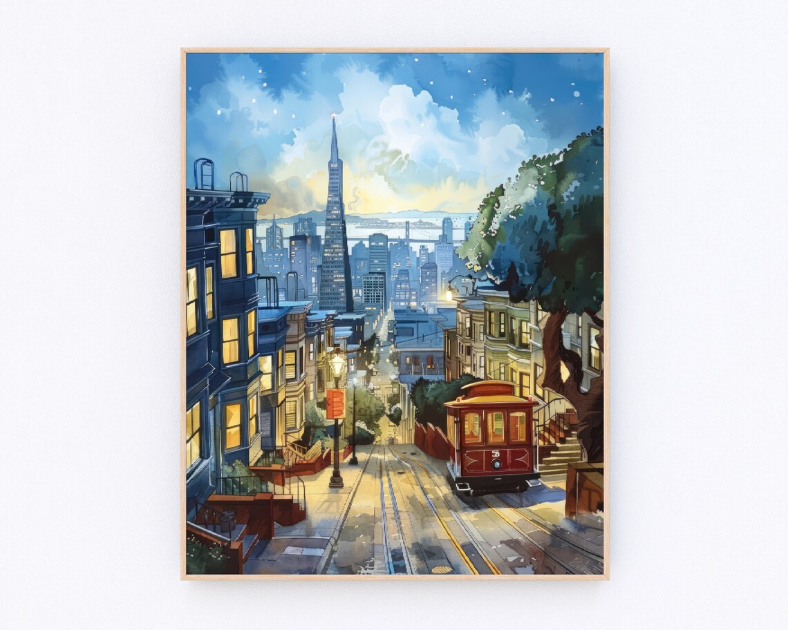 San Francisco Cable Car Street Dusk Transamerica Watercolor Poster