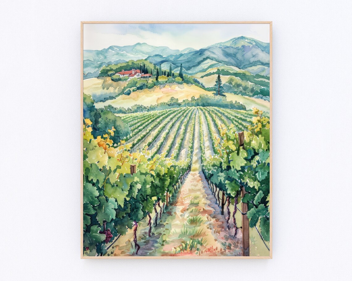 Napa Valley Winery Watercolor Travel Poster, Vineyard
