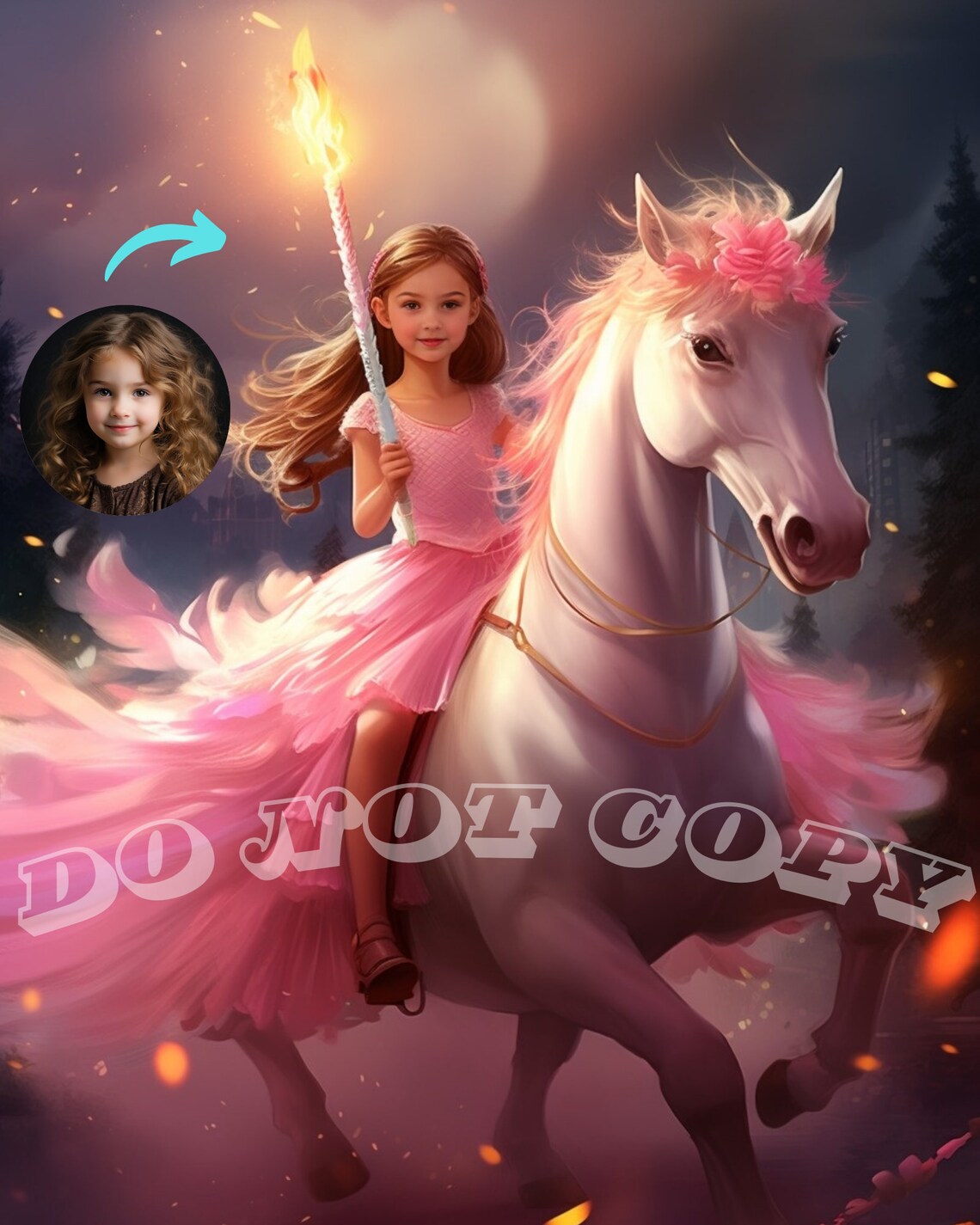 Custom Princess Portrait Girl Riding Unicorn Night Torch Magic Print - Image 2