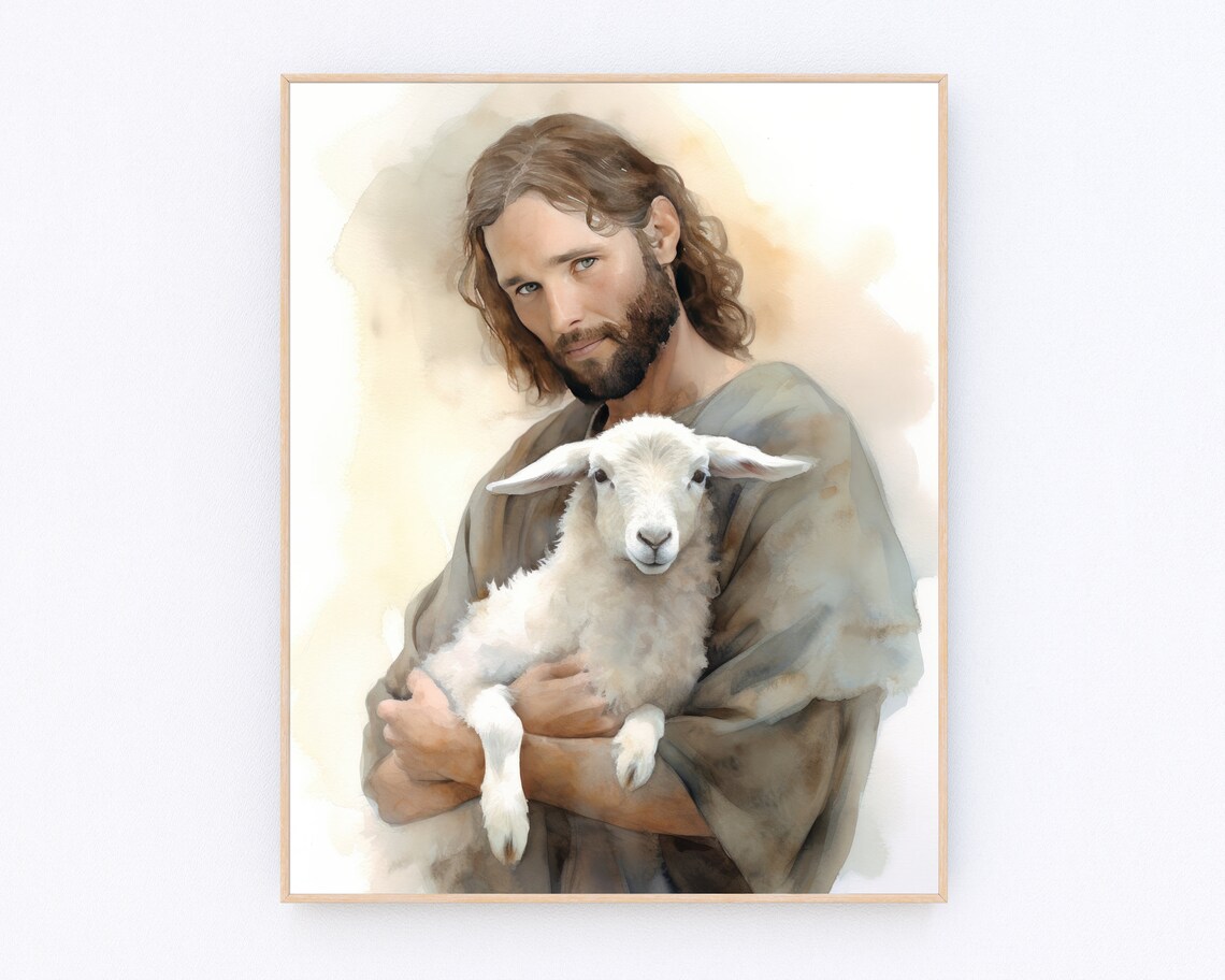 Jesus the Good Shepherd Holding Lamb Soft Watercolor Christian Poster