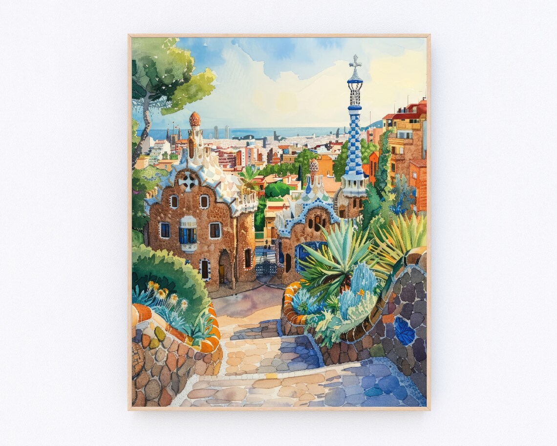 Barcelona Watercolor Park Guell Travel Poster