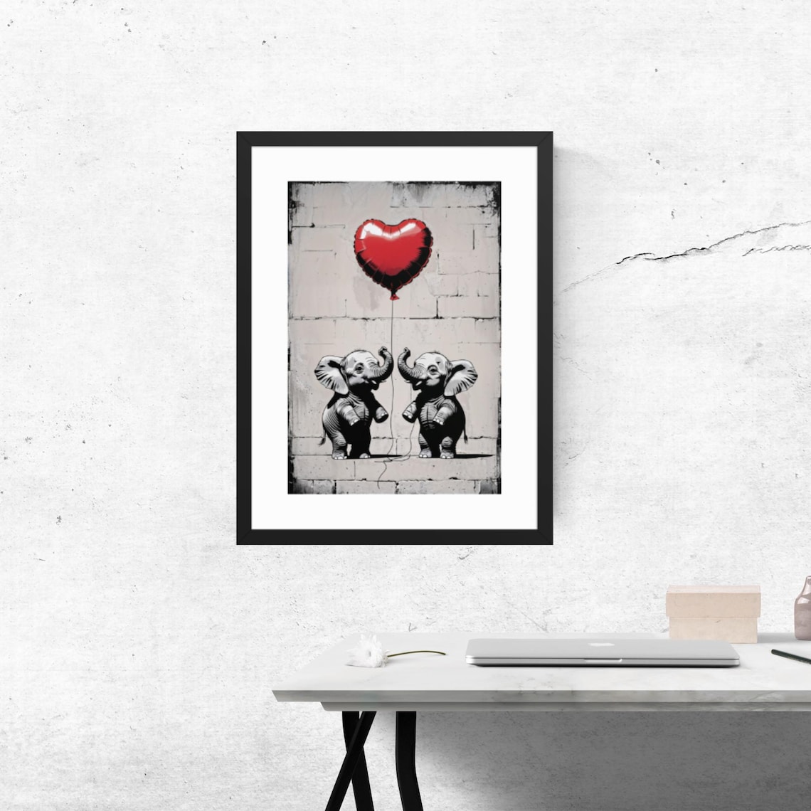 Two Baby Elephants with Red Heart Balloon Street Art Style Poster