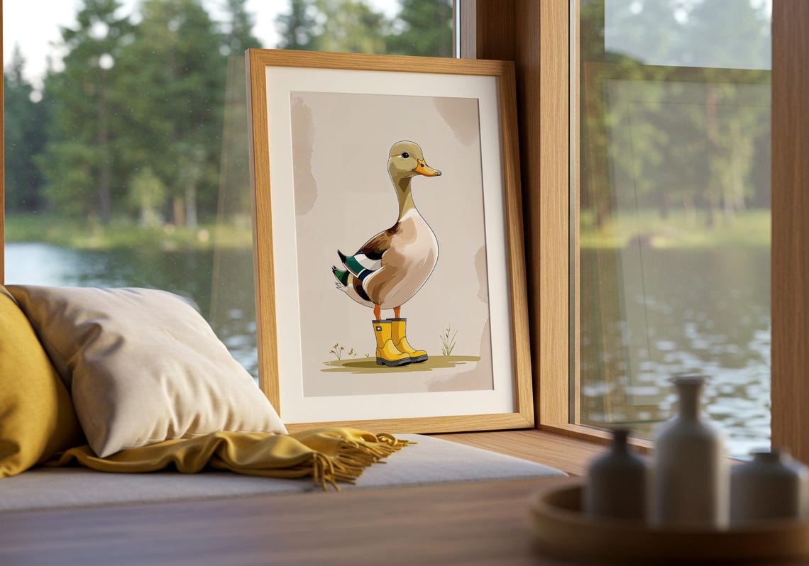 Cheerful Duck in Yellow Rain Boots Whimsical Illustration Poster