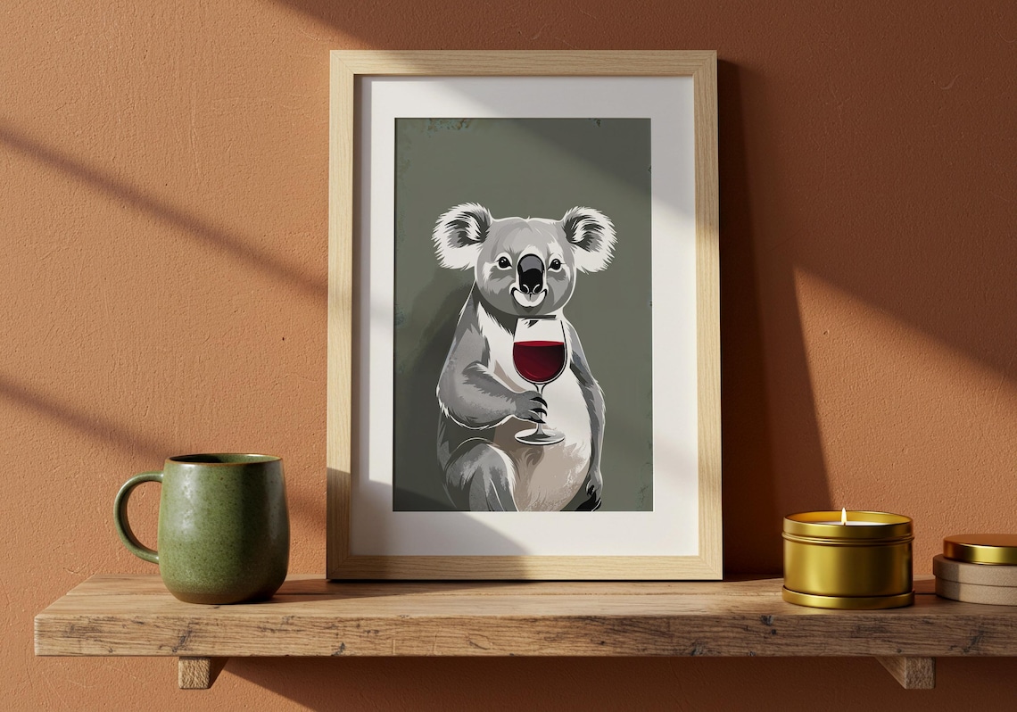 Cheerful Koala Holding Red Wine Glass Fun Cartoon Animal Poster