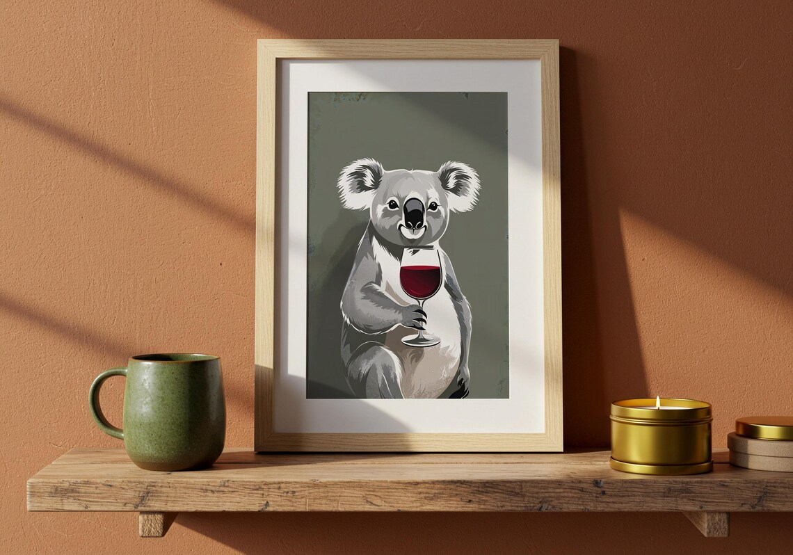 Funny Koala Wall Art Wine Lover Animal Print Quirky Home Decor Gift