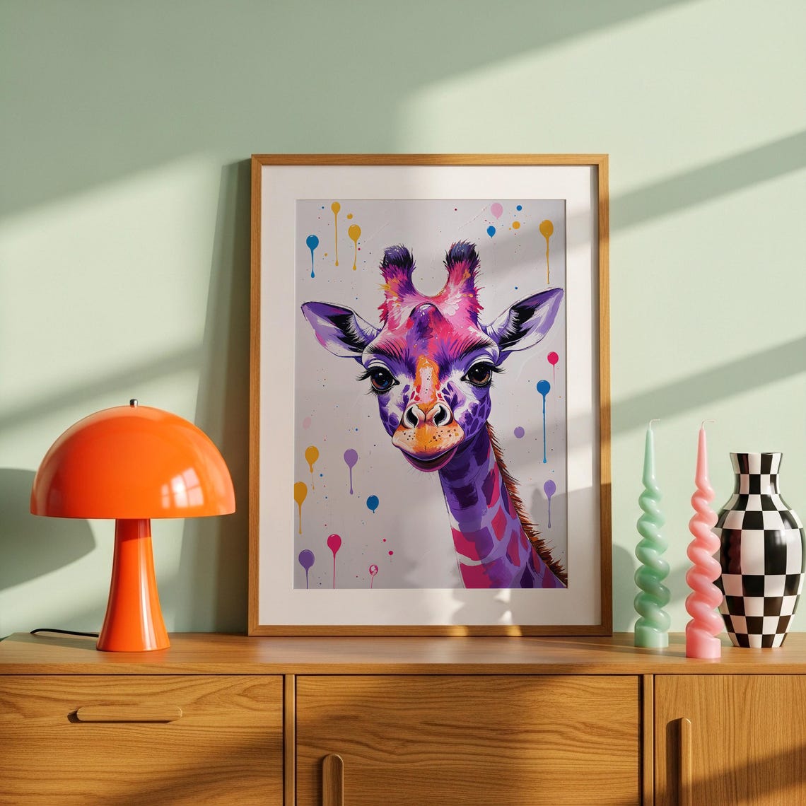 Colorful Giraffe Portrait Paint Splashes Cute Animal Art Poster