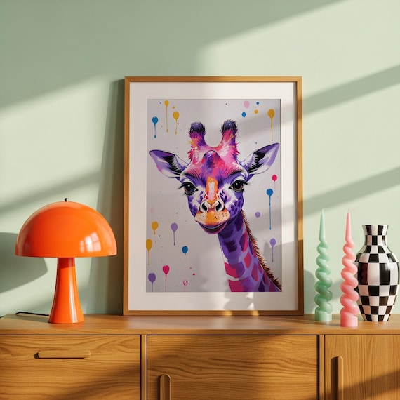Colorful Giraffe Portrait Paint Splashes Cute Animal Art Poster