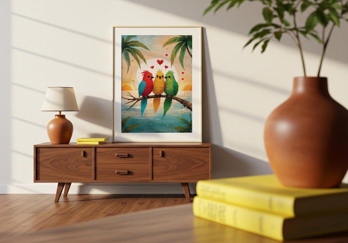 Three Colorful Parrots Branch Tropical Sunset Cute Birds Poster
