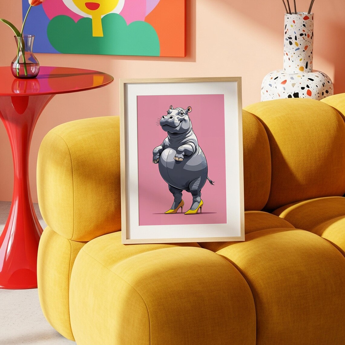 Funny Hippo In High Heels Pink Background Cartoon Animal Art Poster